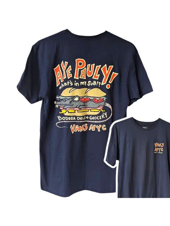 Vans Other - Vans NYC Graphic T-Shirt M Navy Blue Aye Pauly Deli Grocery Rat Sandwhich Skater